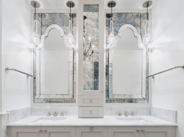 glam double vanity with chic mirrors